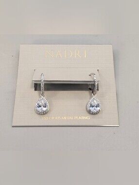 NWT Nadri Silver-Tone Pear Drop Cubic Zirconia Pave Leverback Earrings